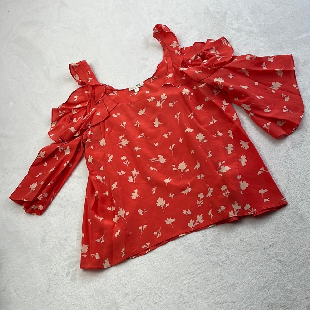 Shoshanna 100% Silk S Cold Shoulder Red Lightweight Flowy Designer Blouse